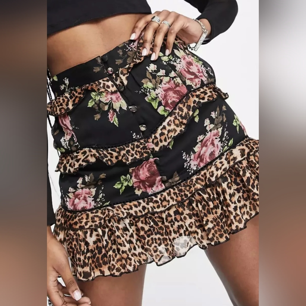 ASOS New Design leopard and floral ruffle skirt